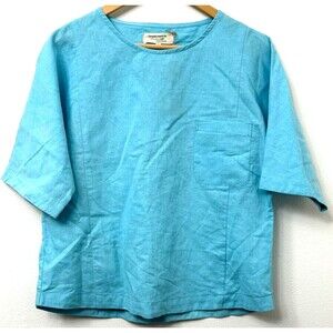 Simple Linen Life Turquoise Blue Short Sleeve Linen Blouse Women's Size Small